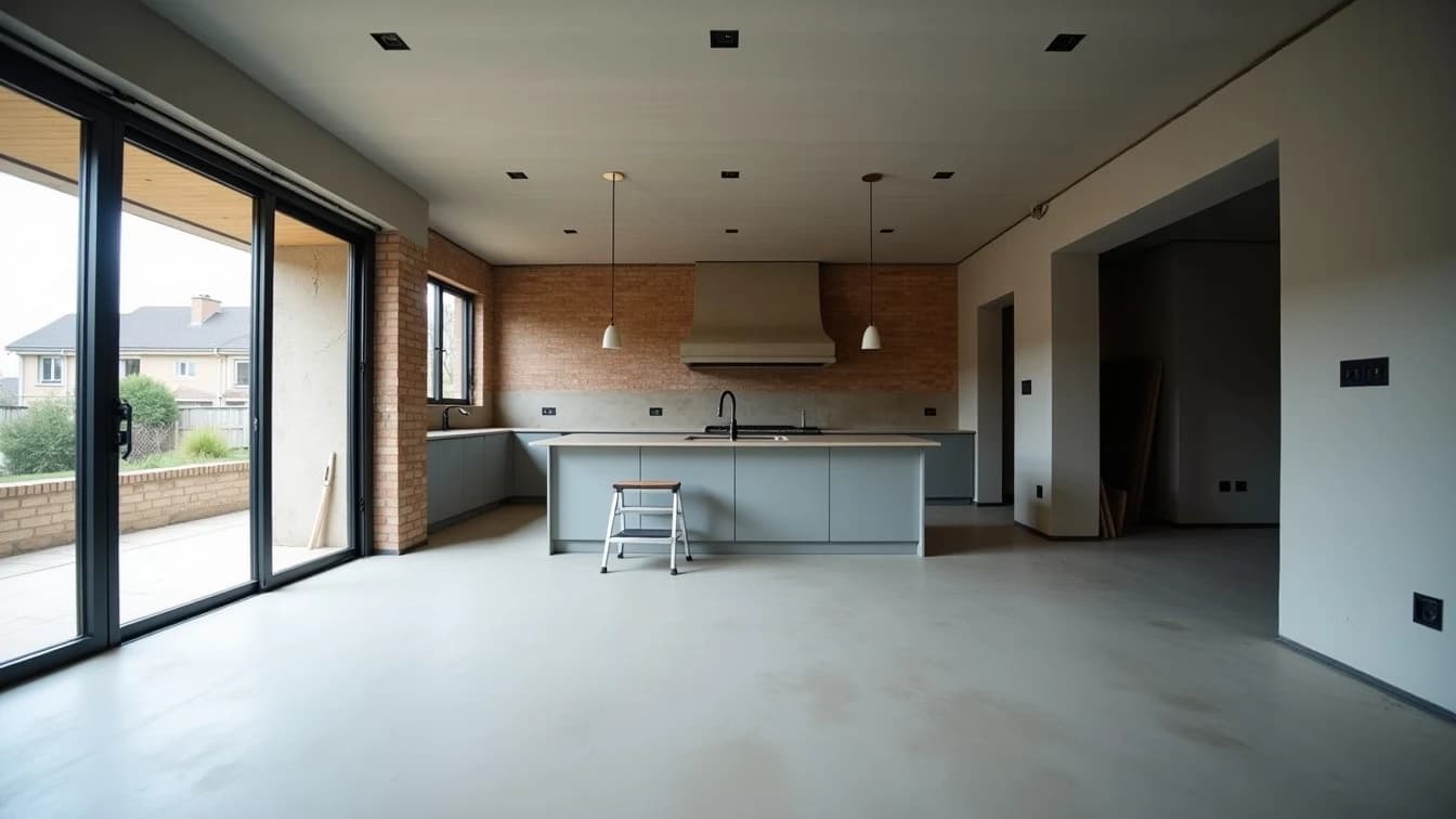 El mismo salón durante la obra: suelo de cemento a la vista, ladrillo sin revestir, cables colgando del techo y la cocina todavía sin montar