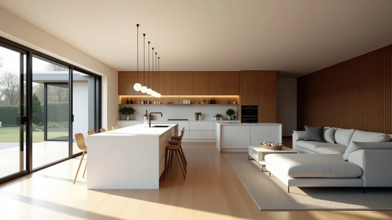 El salón terminado: cocina abierta con isla blanca, suelo de roble claro, pared de listones de nogal y salida a la terraza